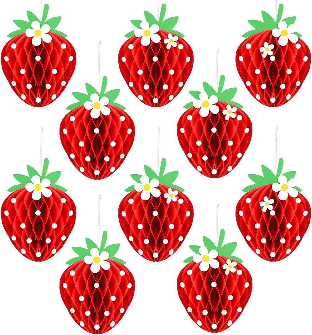 Tenare 24 Pcs Strawberry Party Decorations Strawberry Honeycomb Balls Birthday Favors Berry First Theme Table Centerpieces Tissue Paper Honeycomb Tabletop Hanging Decor Party Supplies(Red)