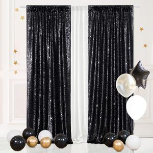 Eternal Beauty Black Sequin Backdrop Curtains, Shimmer Back Drop 2 Panels-2FTx8FT for Christmas, Party, Birthday, Photography, Wedding, Baby Shower Event Decoration
