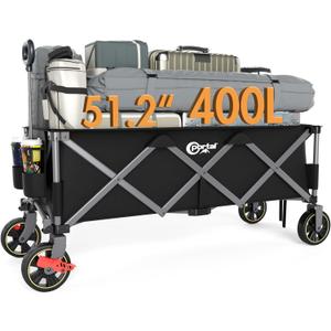 PORTAL 51.2" Long Wagons Carts Foldable with Brakes, Large Foldable Wagon with Cargo Net, Side Pocket, Cup Holders, 350 LBs Heavy Duty Utility Grocery Wagons for Sports, Camping (Black)