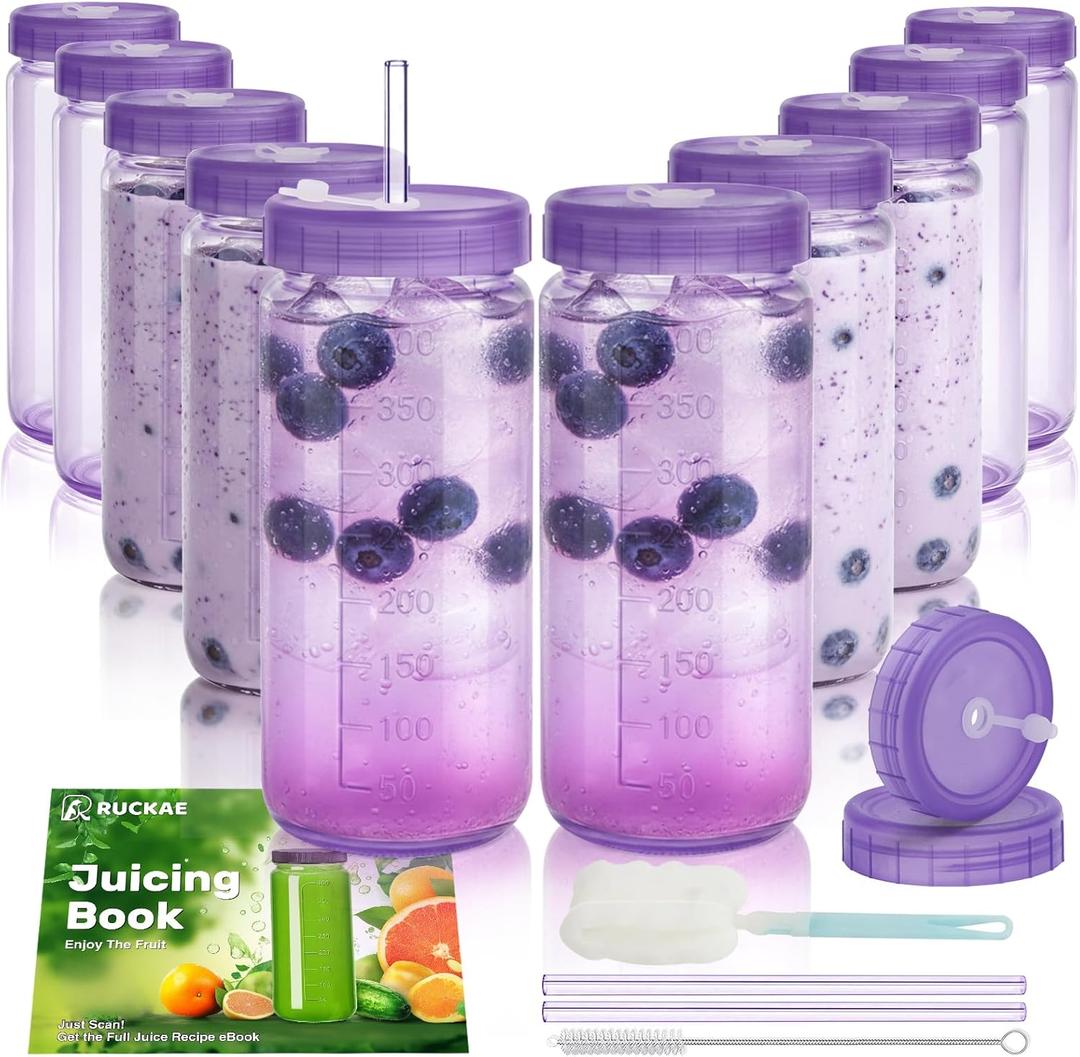 Ruckae 16oz 10 Pack Glass Juice Bottles with Dual Scale, Reusable Glass Bottles with Hole Lids and Straws Mason Jar for Juicing, Smoothies, Kombucha - Water Bottle for Fridge or Gym (Purple)