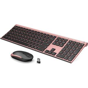 Wireless Keyboard and Mouse, Vssoplor Silent Full-Size Rechargeable Keyboard and Mouse Combo Set Ultra Slim Design for PC, Laptop, Desktop-Black and Rose Gold