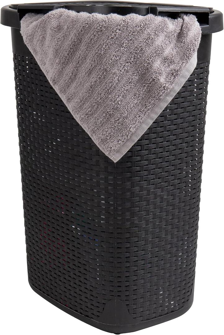 Mind Reader 60L Slim Laundry Hamper, Clothes Basket, Lid, Wicker Design, Plastic, 17.65"L x 13.75"W x 24.15"H, Black, 1 Piece