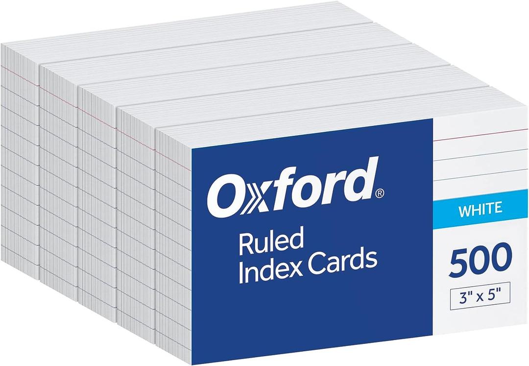 Oxford Index Cards, 3 x 5 Inches, White, Lined on Front, Blank on Back, Flashcards for School and Studying, Recipe Note Cards, 500 Count (5 Packs of 100) (40176)