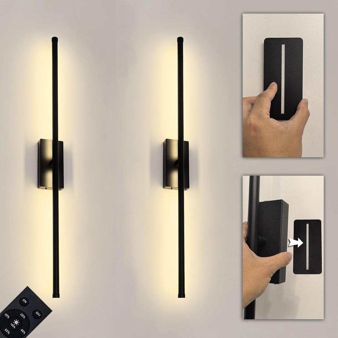 Easy Install Peel and Stick on Battery Operated Wall Sconces Set of 2 Rechargeable, Magnetic Linear Wall Sconce Wireless Long Picture Vanity Wall Light for Living Room Bedroom (2 Pack, 28.3'', Black)