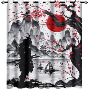 Retro Japanese Room Darkening Blackout Window Curtains with Grommets,Watercolor Ink Samurai Red Sun Mountain Cherry Blossoms Energy Efficient Window Treatment for Living Room 2 Panels 63L x 27.5W
