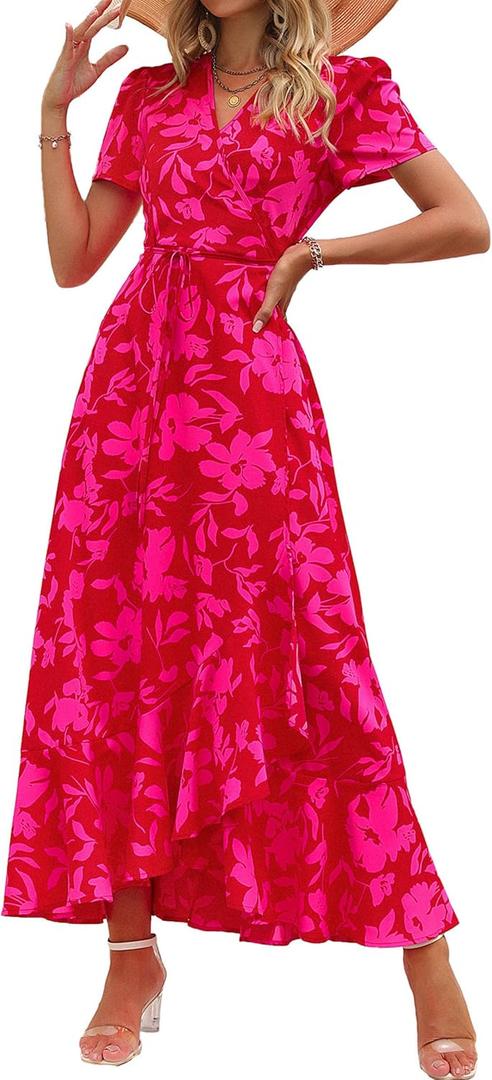 PRETTYGARDEN Women's Summer Wrap Maxi Dress Casual Boho Floral V Neck Short Sleeve Ruffle Hem Split Beach Long Dresses (Red Floral, X-Large)