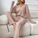 WDIRARA Women's 2 Piece Pajama Waffle Knit Lounge Set Long Pants Sleepwear (Pink, S)
