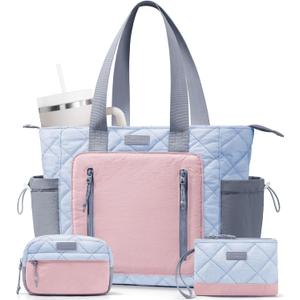 Puffer Tote Bag for Women, Lightweight Puffy Work Laptop Handbag Teacher Nurse Quilted School Daily Travel Gym Bag | Durable, with Zipper, 15.6" Laptop Sleeve, Large Tumbler Holder, Daily Carry On Bags, Comfy College Bags, Portable, Spacious (Blue-Pink-grey)