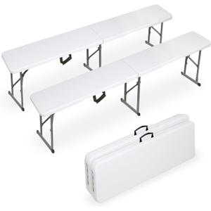 Folding Bench 2 Pack, 6FT Plastic Foldtable Bench with Handles, Outdoor Portable Stackable Bench for Party Camping and Picnic, White