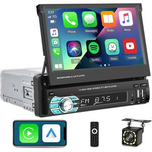 Single Din Flip Out Screen Car Stereo with Wireless Carplay and Android Auto, 7 inch 1 Din Touch Screen Radio Support Bluetooth/SWC/USB/FM + Backup Camera + Mic + Remote Control