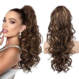 REECHO Ponytail Extension, 20" Claw Clip Ponytail Extension Curly Clip in Ponytail Long Pony Tails Hair Extensions for Women Synthetic Hairpiece, Chestnut Brown with Golden Highlights