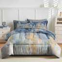 Nesker 7 Pcs Comforter Set King Size, Abstract Oil Painting Bedding Set for Kids and Adults, Navy Blue Gray Gold White Bed Sheet Sets with Fitted Sheet 2 Pillowcases & 2 Shams