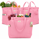 Nook Theory 3-Pack Reusable Grocery Bags - Heavy Duty, Large 12 Oz Cotton Canvas Reusable Shopping Bags With Pockets, 100% Cotton Cloth Grocery Totes, Foldable Multi Compartment (Pink)