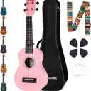 AODSK 23 Inch Concert Ukulele for Beginners, Black Sapele Uke with Gig Bag, Strap, Strings & Picks (Pink)