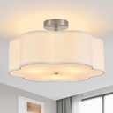 18" Modern Semi Flush Mount Ceiling Light Modern 3-Lights Linen Drum Ceiling Lighting with Chrome Finish, Vintage Ceiling Light for Living Room, Kitchen, Basement, Laundry Room, Bedroom