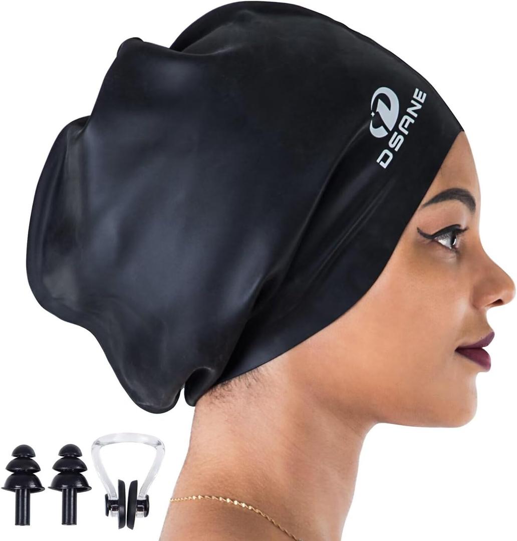 Dsane Extra Large Swimming Cap for Women and Men,Special Design Swim Cap for Very Long Thick Curly Hair&Dreadlocks Weaves Braids Afros Silicone Keep Your Hair Dry (black), (XL)