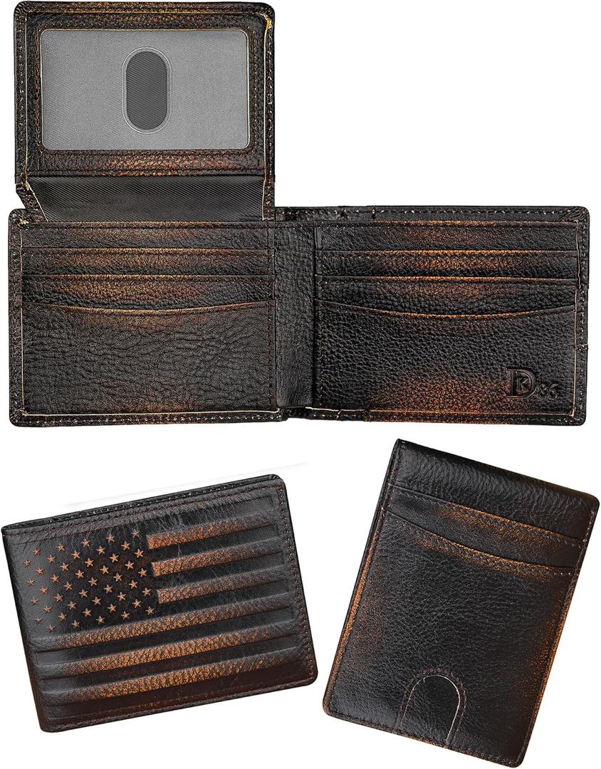 DK86 Wallet for Men Slim Rfid Bifold Genuine Leather 2 ID Window With Gift Box (black brown with US flag)