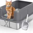 Stainless Steel XL Cat Litter Box for Cats, High-Sided Design Prevents Urine Leakage, Non-Stick, Easy to Clean, Includes Scoop, Gray