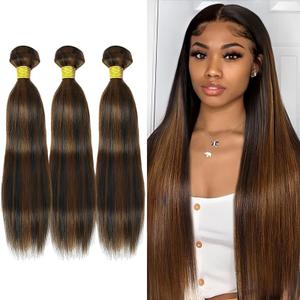 22 24 26Inch Brown Highlight Bundles Human Hair Light Brown Straight Bundles Brazilian Virgin Hair Weave 3Bundles Hair DealBlack and Brown#p1b/30
