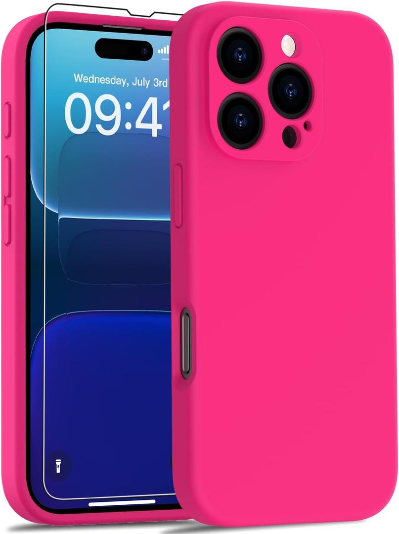 Goodon Designed for iPhone 16 Pro Case with Screen Protector - Enhanced Camera Cover - Soft Microfiber Lining - Liquid Silicone Shockproof Protective Phone Cover for Women and Girls - Hot Pink