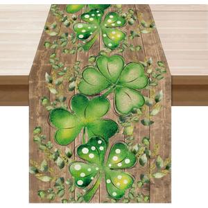 XCHI Wood Grain Green Shamrocks Clovers Eucalyptus Leaves St. Patrick's Day Table Runner Table Decoration for Party Home Kitchen Dining Holiday Decor 13x36 Inch