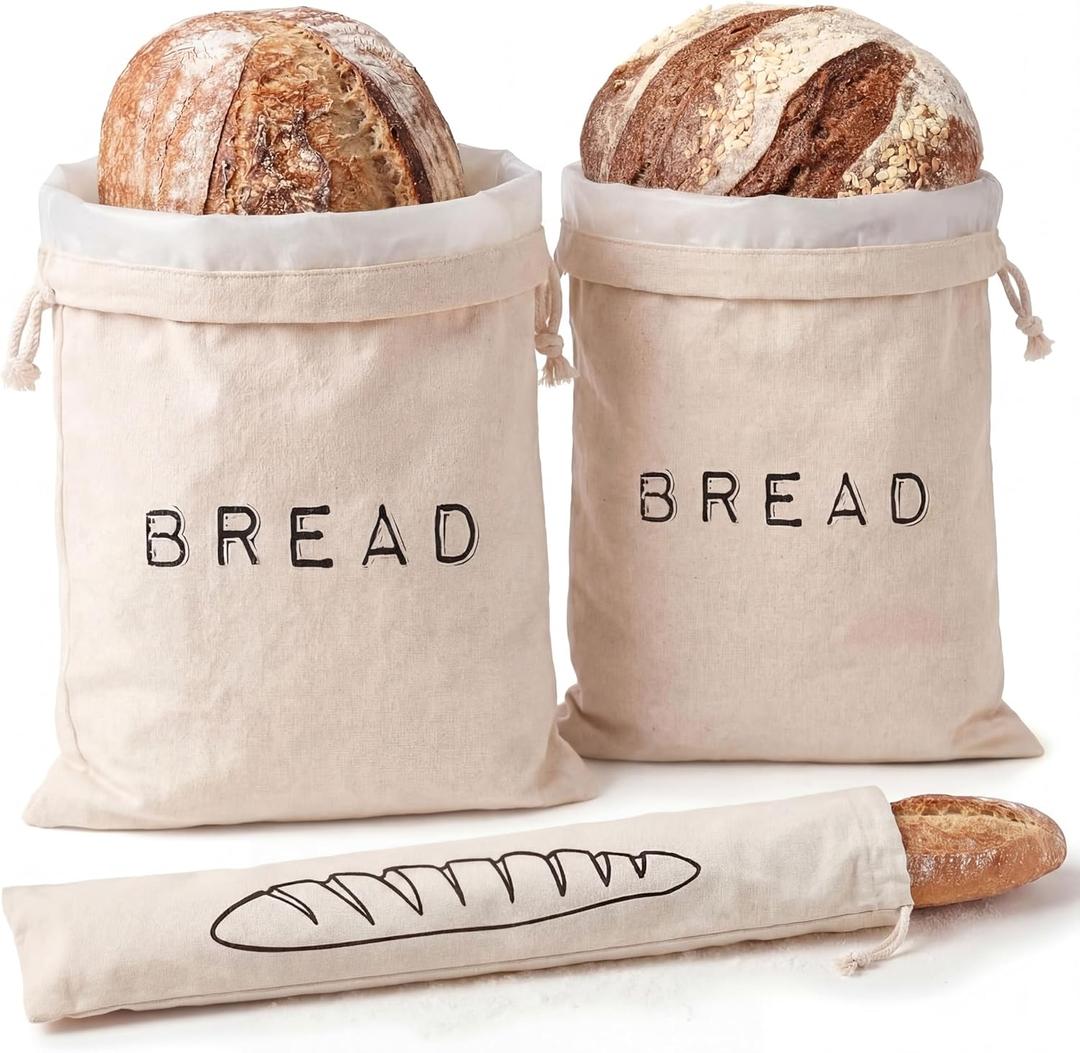 Leafico Reusable Bread Bags  2 Cotton Storage Bags + 1 Baguette Bag with Food Safe TPU Liner  For Homemade Bread, Sourdough, Artisan Loaves  Freezer Safe & Washable Plastic Alternative