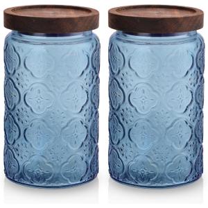 2 pack Decorative Mason Jars with Wooden Lids Colored Glass Kitchen Canister for Coffee Tea Cookie Airtight Vintage Food Storage Container with Embossed Floral Pattern (Blue Crabapple, Large)