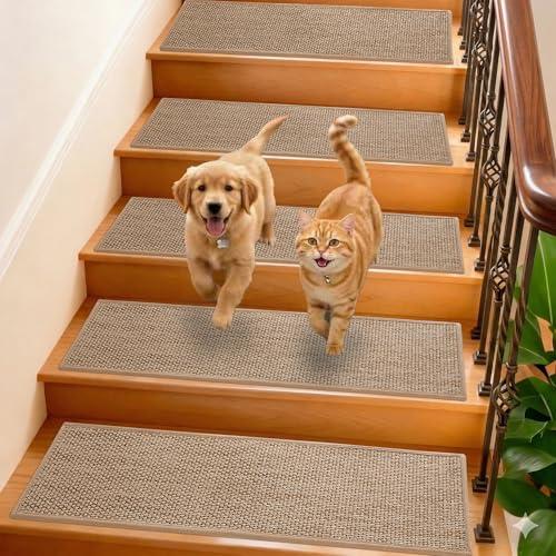 GROWLING Linen Stair Treads for Wooden Steps Indoor 36x9 inch, 15pcs Upgraded Self Adhesive Backing Non Slip Stair Carpets, Peel and Stick Stair Runner Rugs, Reusable Staircase Step Treads(Beige)