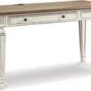 Signature Design by Ashley Realyn Farmhouse Home Office Desk, 2 Drawers, Drop-down Drawer, USB Charging, Wood, 60" W x 28" D x 31" H, Chipped White and Brown