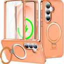 for Samsung Galaxy S26 Case with Magnetic Invisible Stand[Compatible with MagSafe] with Screen Protector Dual Layer Full Body Military Shockproof Translucent Phone Cover-Orange