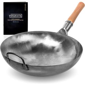 YOSUKATA 14 Round Bottom Carbon Steel Woks and Stir Fry Pans Unseasoned Pow Wok for Stir Fry, BBQ & Camping Hand-Hammered Traditional Japanese and Chinese Pan Gas Stove, Open Fire Only