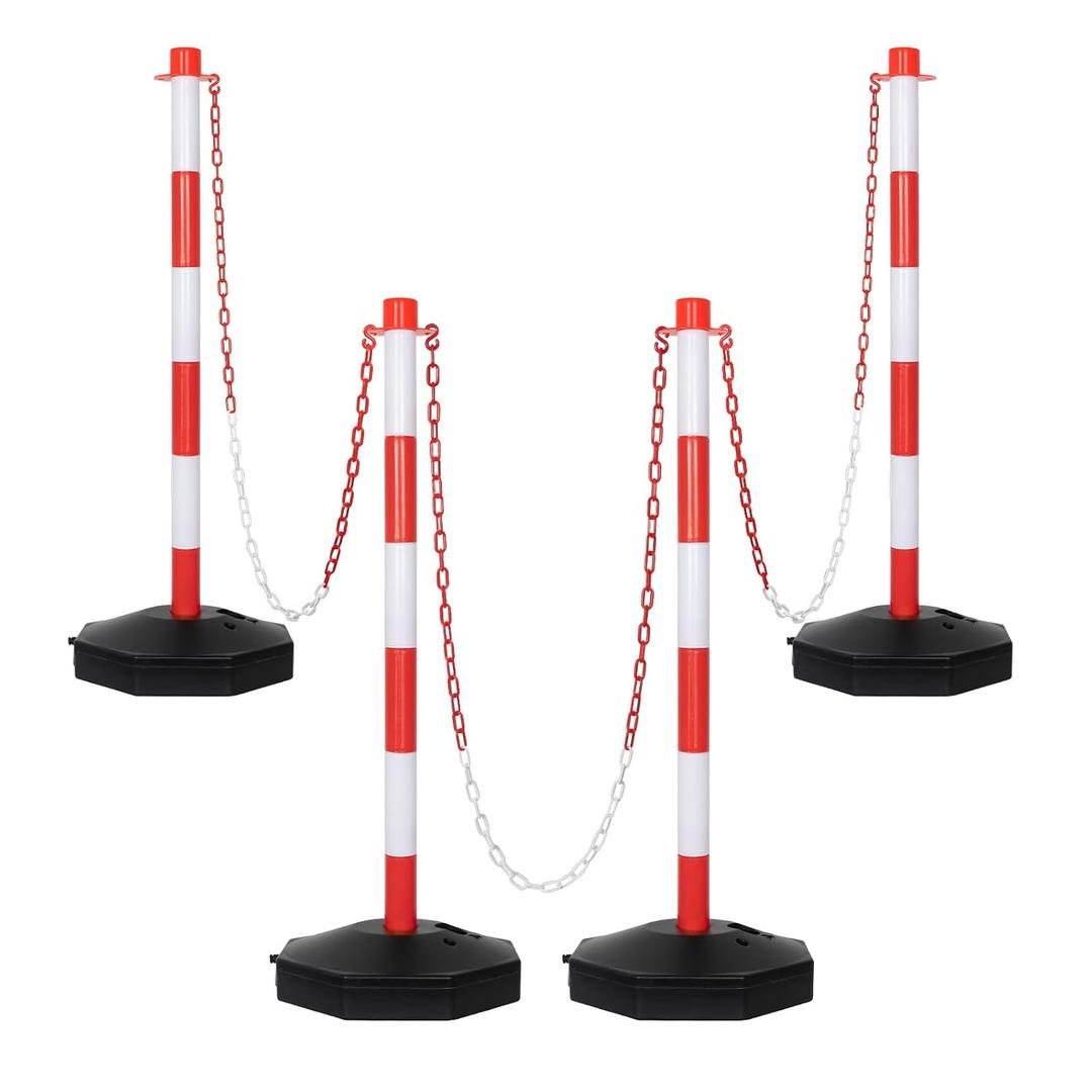35'' 4-Pack Parking Delineators Post, Traffic Cone Safety Stanchion with Base & 5FT Link Chain - Red and White Striped Chain Barriers for Parking Lot, Driveway, Road Construction (Black)