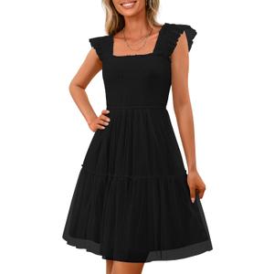 PRETTYGARDEN Womens 2025 Trendy Mini Summer Dresses Sleeveless Tulle Ruffle Square Neck Tiered Smocked Beach Vacation Dress (Black)