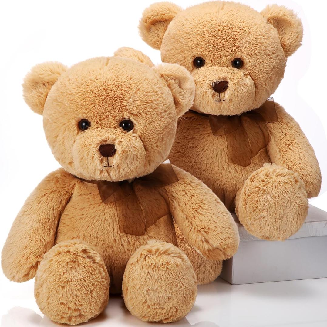HyDren 2 Pack Bear Stuffed Animals 18 Inch Cuddly Stuffed Bear Plushies with Bow for Birthday Gifts Baby Shower Decors Valentines Party Decors(Light Brown)