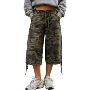 Mxiqqpltky Y2K Cargo Jean Shorts Women Summer Camouflage Print Drawstring Low Rise Baggy Denim Shorts Casual Jorts Streetwear (L)