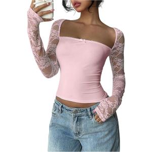 SOLY HUX Women's Lace Sheer Long Sleeve T Shirt Y2k Square Neck Slim Fit Going Out Crop Tops (Pink, S)