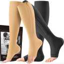 cerpite Zipper Compression Socks - 2 Pairs Open Toe Compression Stockings for Men Women 15-20mmHg,Suit for Running, Sport (Small-Medium)