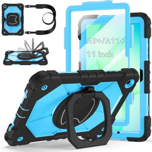 Case for Samsung Galaxy Tab A11+ Plus/A9+ Plus 11-Inch 2025/2023, Auorld Rugged Case for Samsung Galaxy A9+/A11+ Tablet with Screen Protector 360 Rotating Stand Shoulder Strap Pen Holder, Black Blue