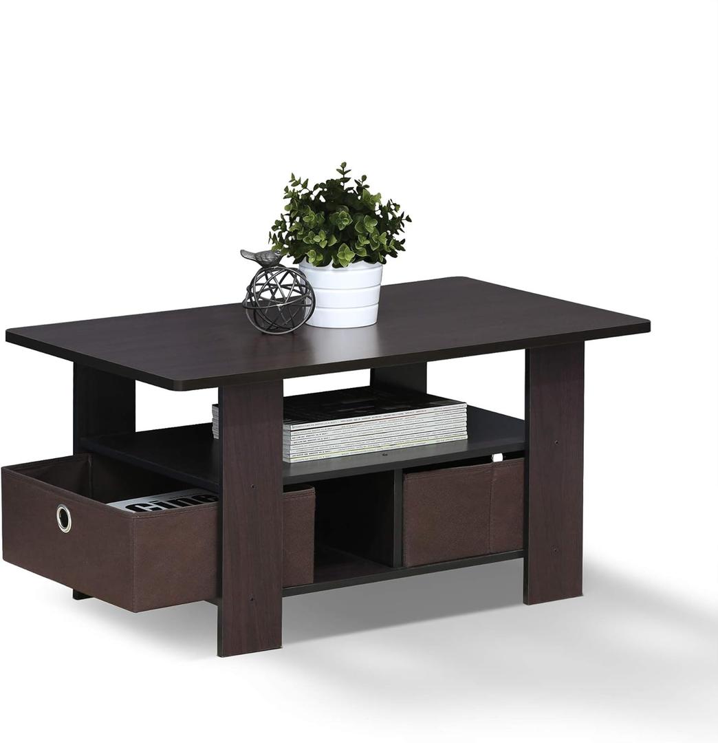 Furinno Andrey Coffee Table with Bin Drawer, Dark Walnut, Small Non-Lift Top