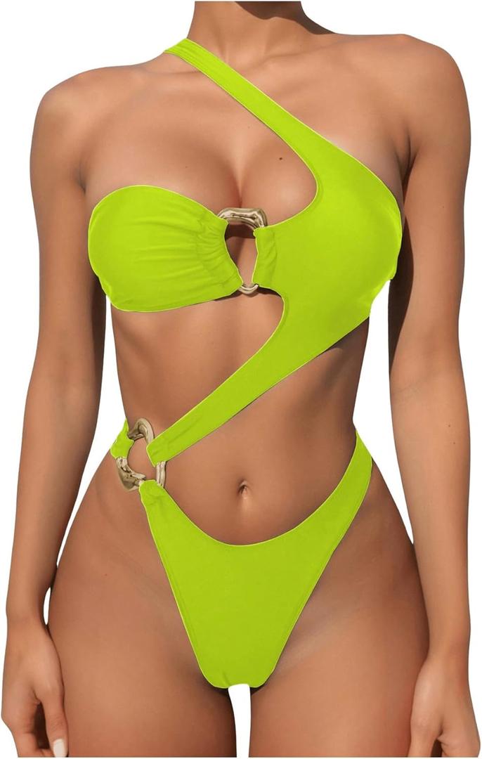 OYOANGLE Women's Ring Linked Cut Out One Shoulder One Piece Swimsuit High Cut Bathing Suits (Large, Lime Green)