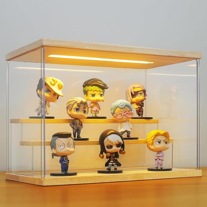 AZEYN Clear Acrylic Display Case with Light , 3 Tier Display Box Stand Assembly Dustproof Protection Showcase for Collectibles Action Figures (12.6×7×9in; 32×18×23cm)