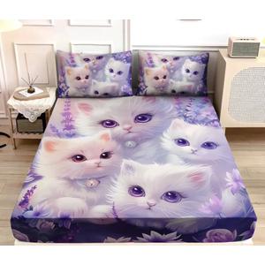 Cat Fitted Sheet Toddler Bedding Set Twin Size,Floral Bedding Animal Themed Fitted Sheet for Kids Girls Bedroom Decor Aesthetic,Cute Kids Bedding Fitted Sheet,1 Fitted Sheet+2 Pillowcases (Queen)