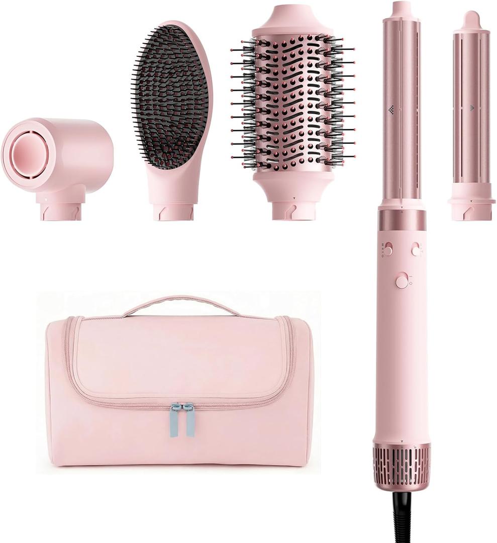 MESCOMB Dual Voltage Hot Air Styler Wrap - 5 in 1 Hair Dryer Brush with Fast Drying Blow Dryer, Styling, Straightening & Volumizing with Travel Bag (100V240V) -Pink