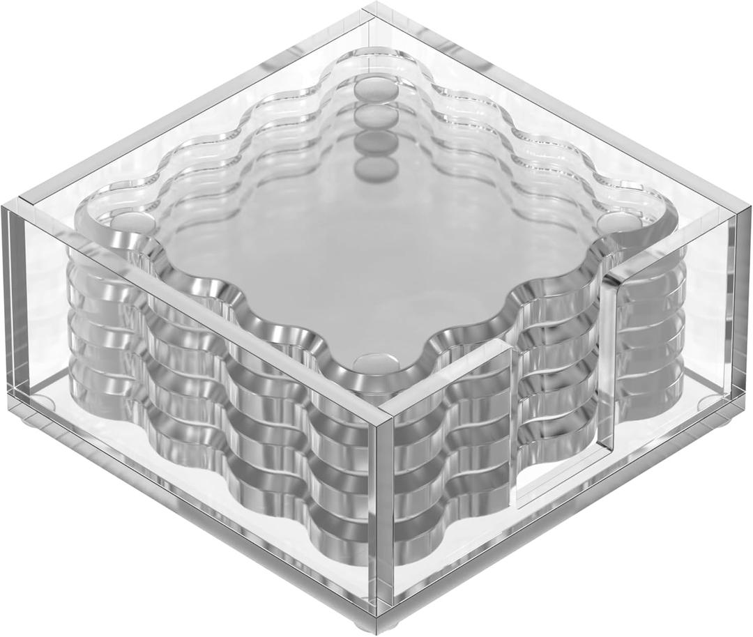 Square Scalloped Acrylic Drink Coaster Set 4Pack with Square Holder (Clear)