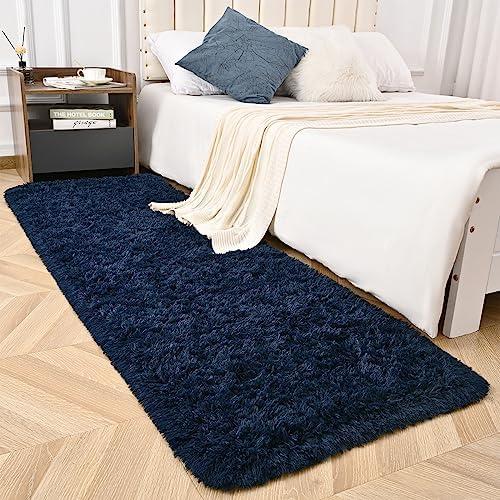 Zedrew Navy Blue Runner Area Rugs for Bedroom Living Room, 2x6 Feet Fluffy Bedside Rugs, Soft Shaggy Carpet Rug for Kids Room Nursery, Furry Cute Rugs for Girls Boys Dorm Room Home Decor