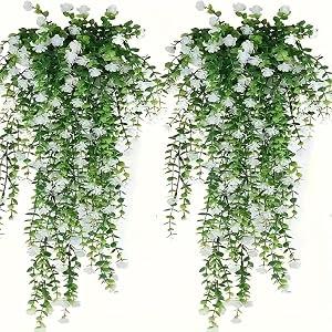 2 Pack Artificial Eucalyptus Vine Garland - UV Resistant Fake Greenery for Outdoor & Indoor Decor, Wedding, Home, Party, Get Well Gifts, Plastic Hanging Plants (White)