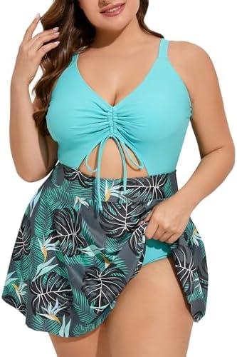 Summer Mae Women's Plus Size One Piece Swim Dress Floral Cutout Swimsuits V-Neck Bathing Suit with Skirt 18W