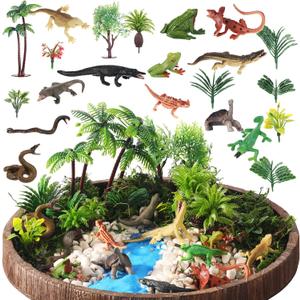 26 Pcs Amphibious Animals Figurines Toys Diorama Project Kit Plastic Reptile Lizard Snake Playset Cake Toppers Model Trees for Kids Toddlers Educational Learning Birthday Gift(Tray Not Included)