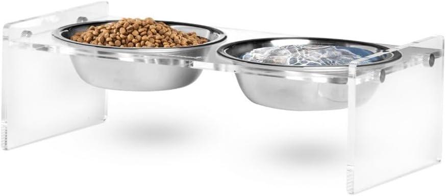 Acrylic Elevated Cat and Small Dog Bowl Stand  Raised Indoor Cat Food and Water Set with 2 Stainless Steel Dishes  Anti Vomit Lifted Pet Feeding Bowls