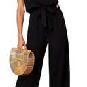 ZESICA Women's Casual Off Shoulder Solid Color Strapless Belted Wide Leg Jumpsuit Romper (Medium, Darkblack)